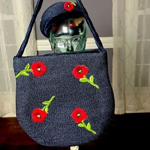 Vintage Sherman matching hat and handbag. Super pretty navy blue with red poppy